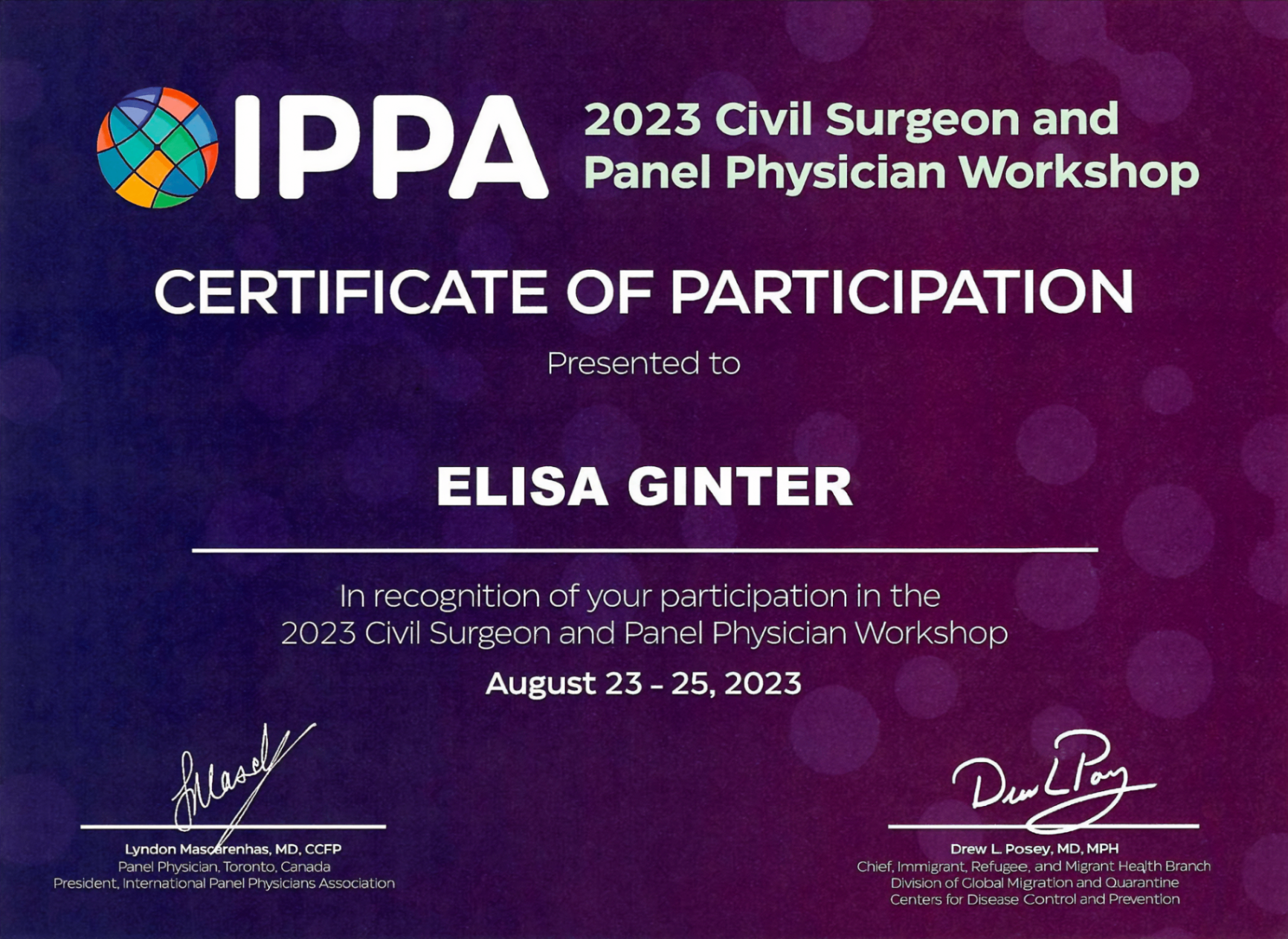 Civil Surgeon Workshop Attendee certificate