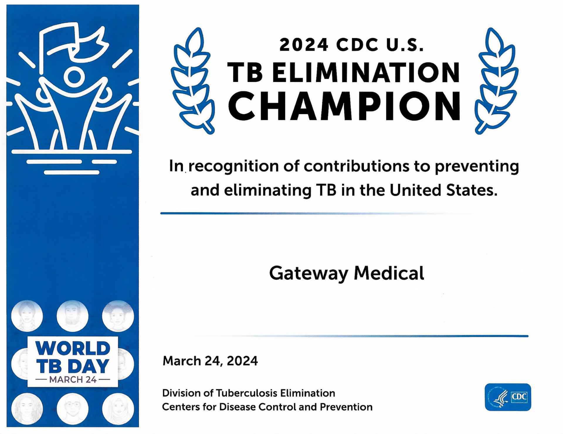 CDC TB Elimination Recognition certificate